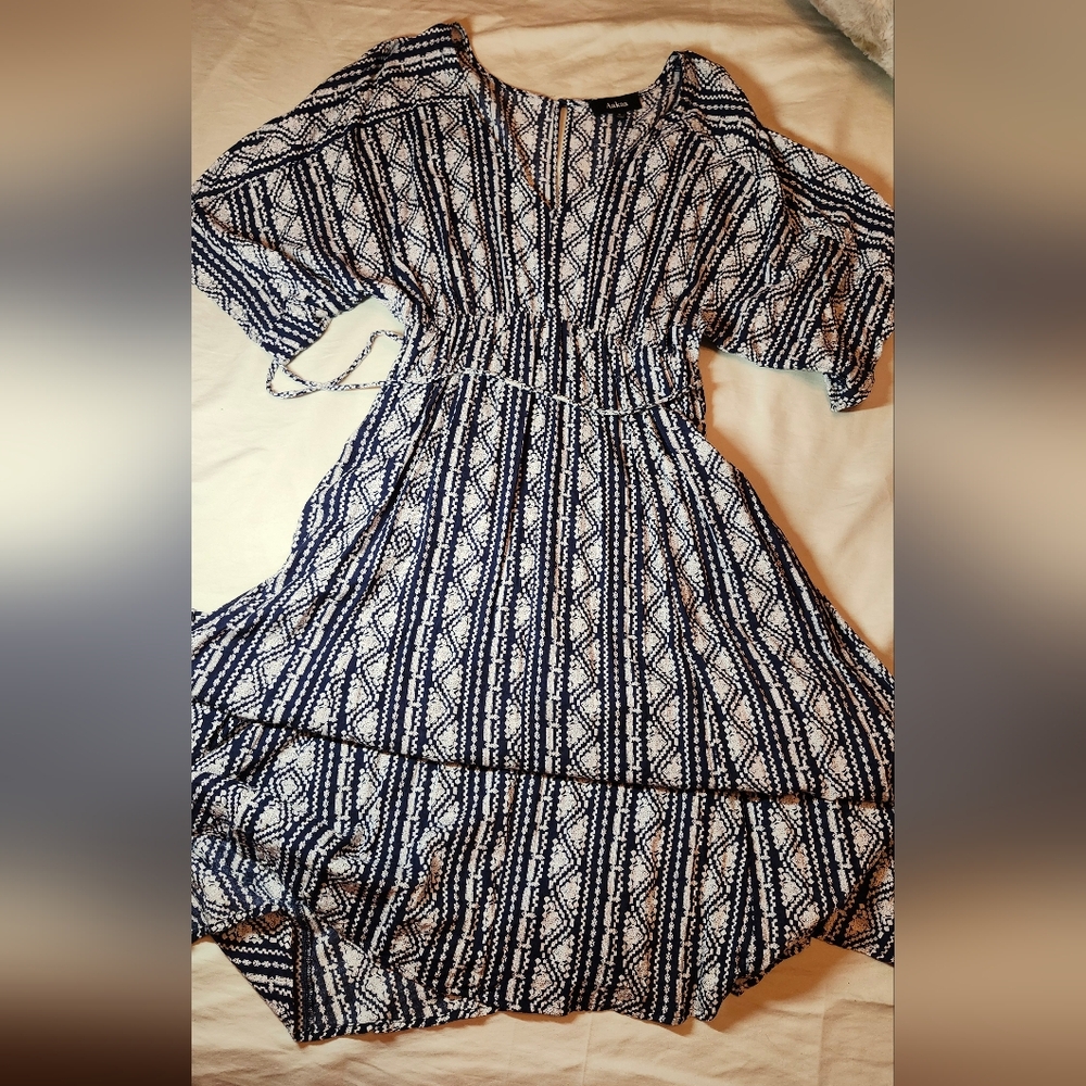 Aakaa Navy Blue + White Ruched Smocked Long Sleeve Sundress